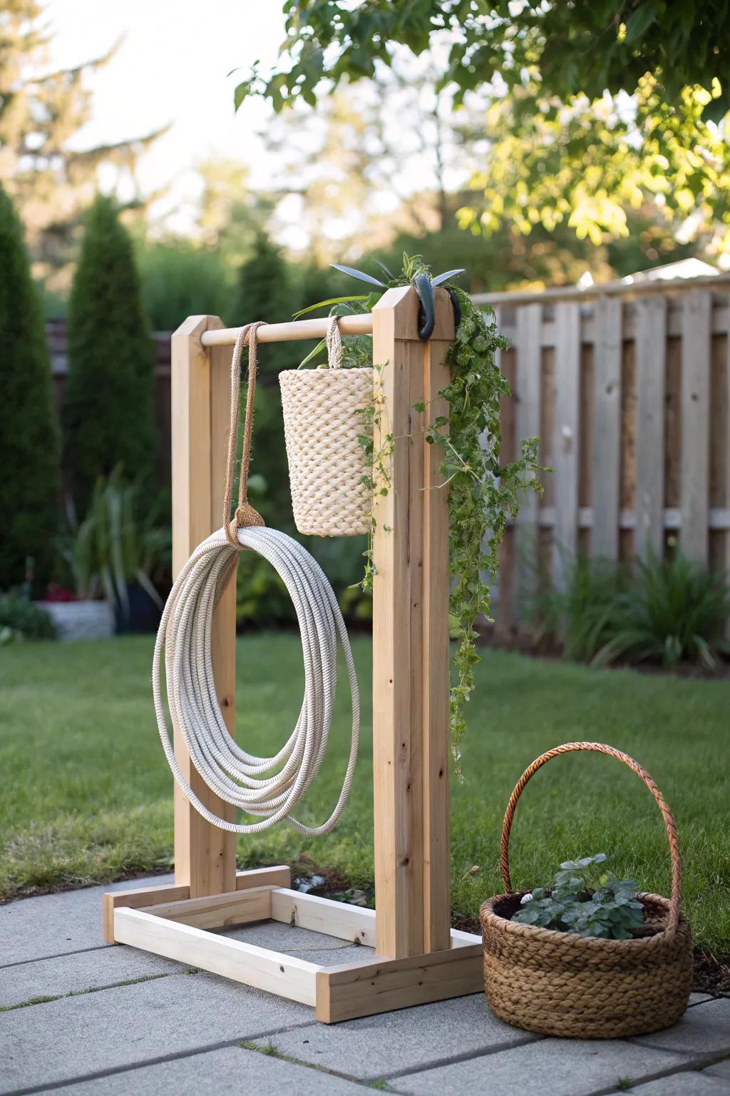 Elevate your garden space with this chic and functional DIY hose holder - where simplicity meets natural elegance.