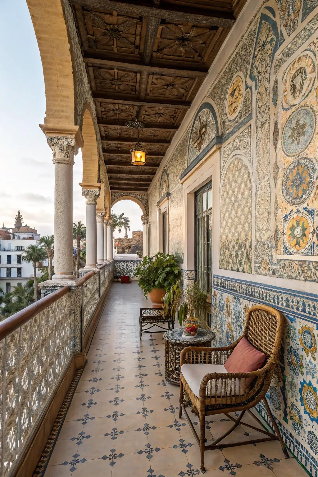 Patterned tiles transform balconies into artistic retreats.