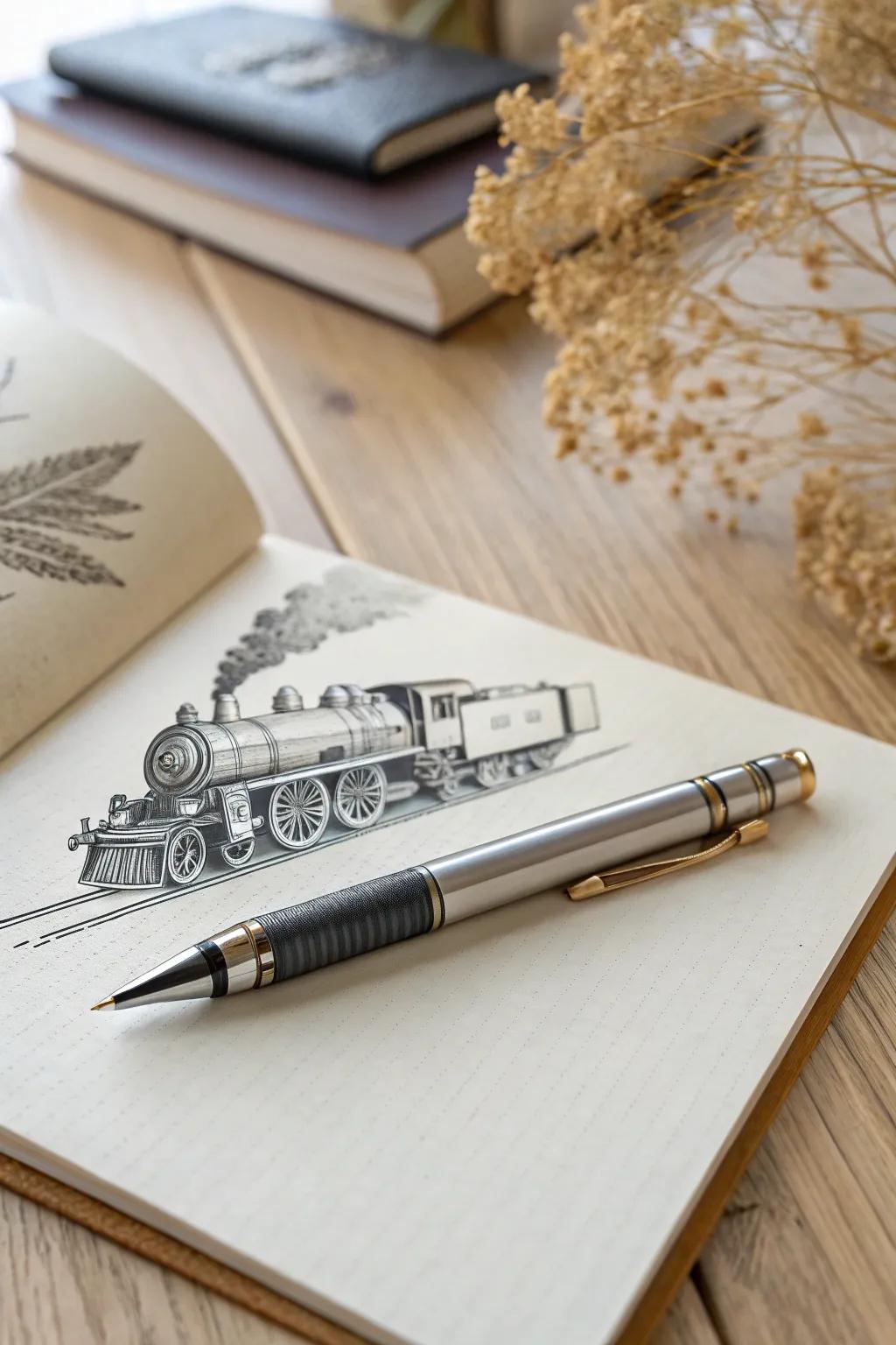 Unleash your creativity and capture the timeless romance of a steam train with the elegance of ballpoint pen artistry.