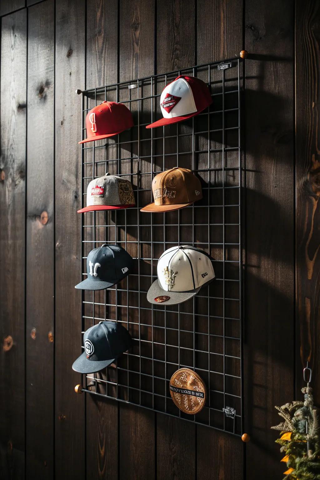 Elevate your space: Modern wire grid hat display with an industrial edge.