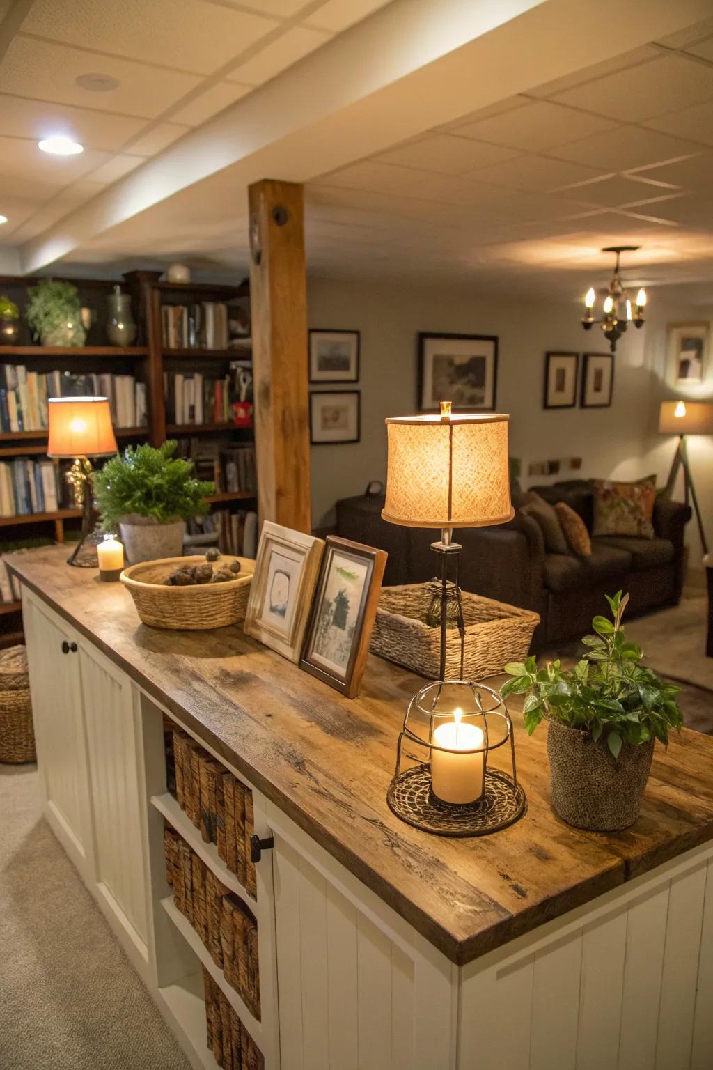 Personal touches make your basement island feel like home.
