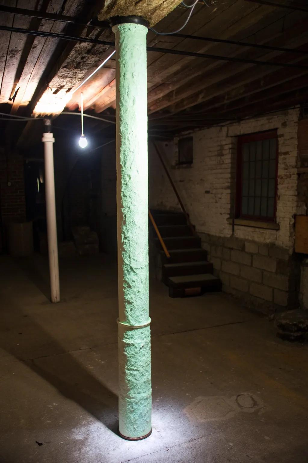 Illuminate your space with a touch of whimsy: Glow-in-the-dark pole wrap for a magical basement transformation.