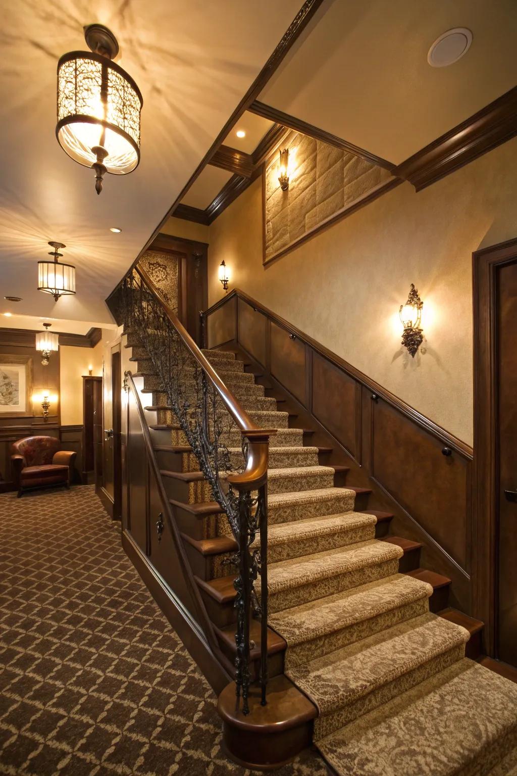 Leather-wrapped railings add luxury and texture to basement spaces.