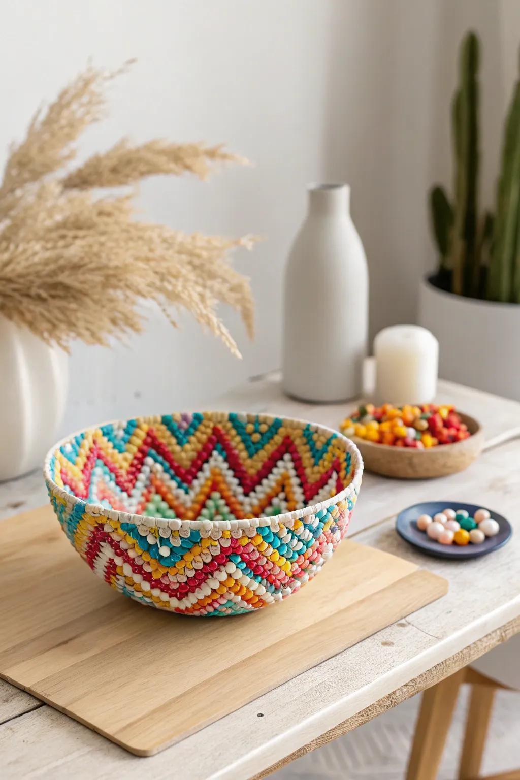 Add a splash of color to your space with this charming Perler bead bowl, perfect for holding your favorite trinkets.
