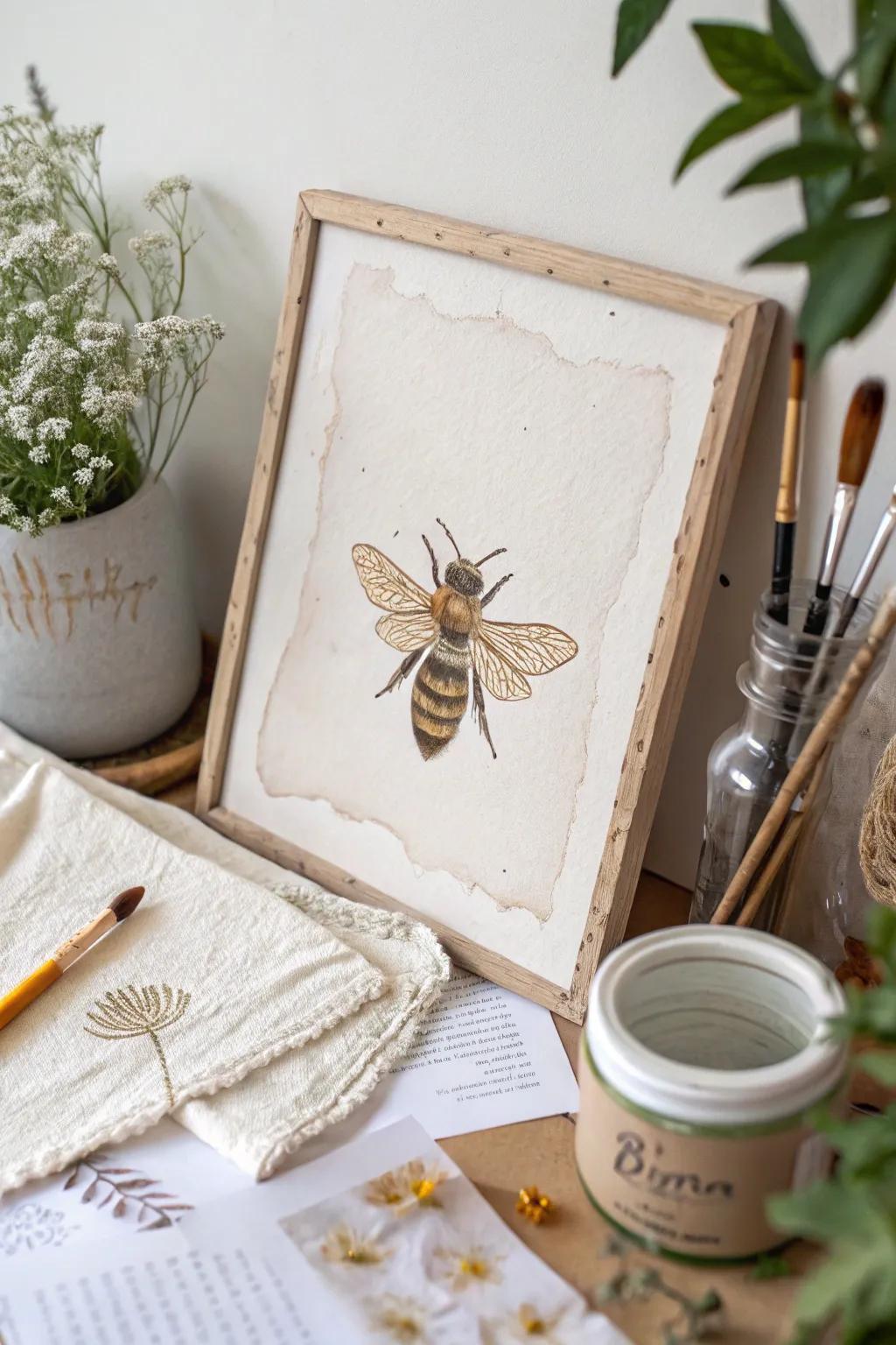 Buzz into eco-friendly art with this charming bee painting crafted from nature's palette.