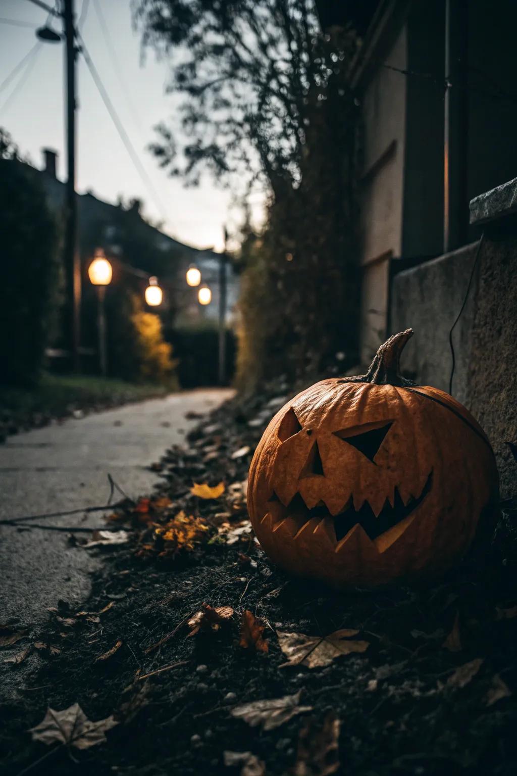 A sinister pumpkin with an asymmetrical face and sneaky vibe.