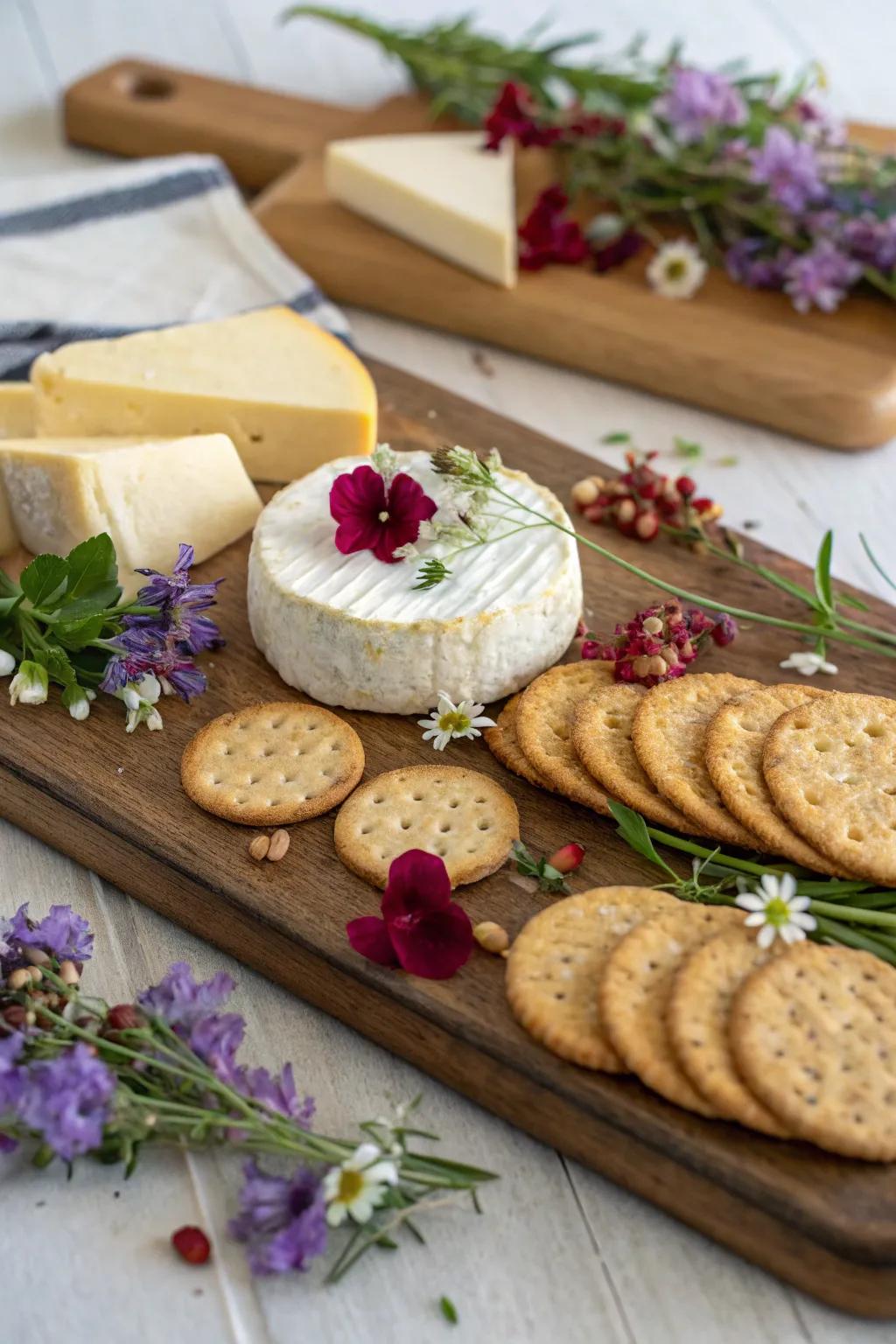A wildflower cheese board offering a feast for the eyes and palate.