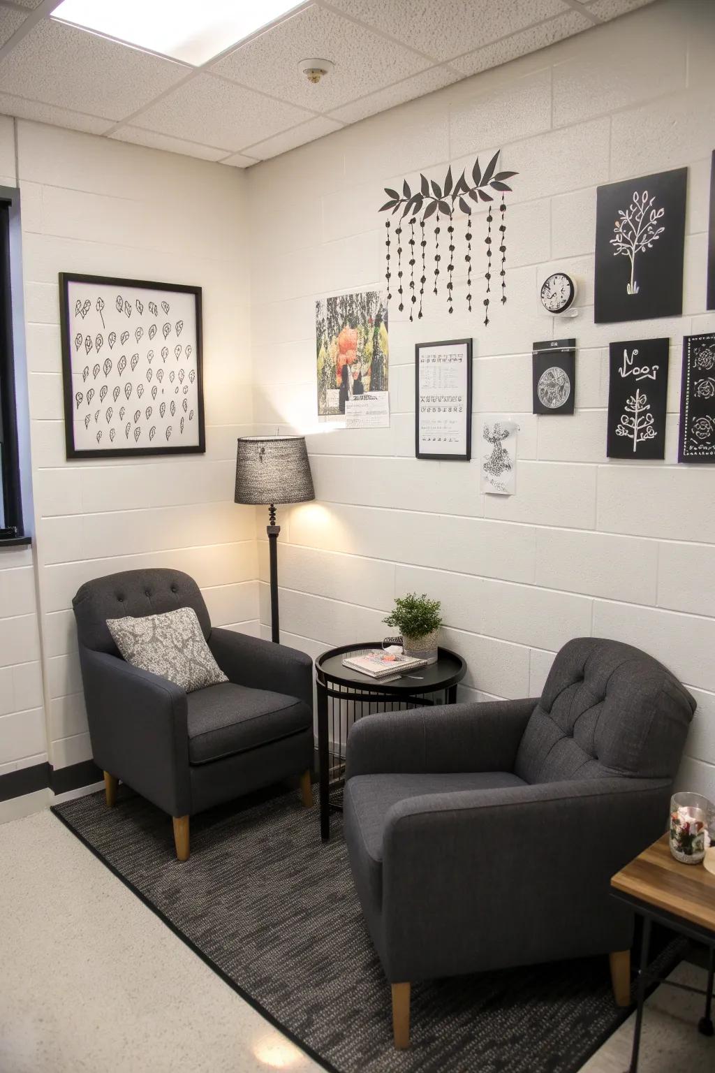 A calming corner with monochrome decor for student relaxation.