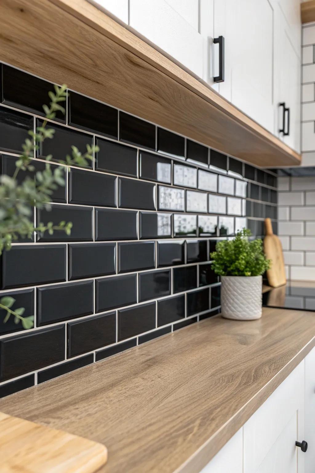 Elevate your space with a chic mix of matte and glossy black tiles, where simplicity meets elegance.