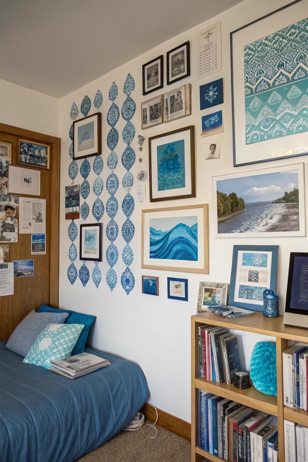 A blue-themed gallery wall expresses your personal style.