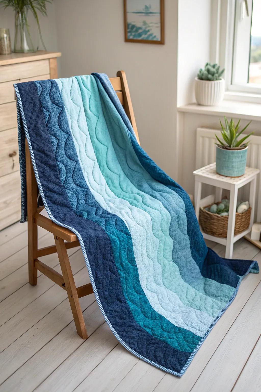 Bring the ocean indoors with this stunning blue strip quilt, a perfect blend of minimalist elegance and boho charm.