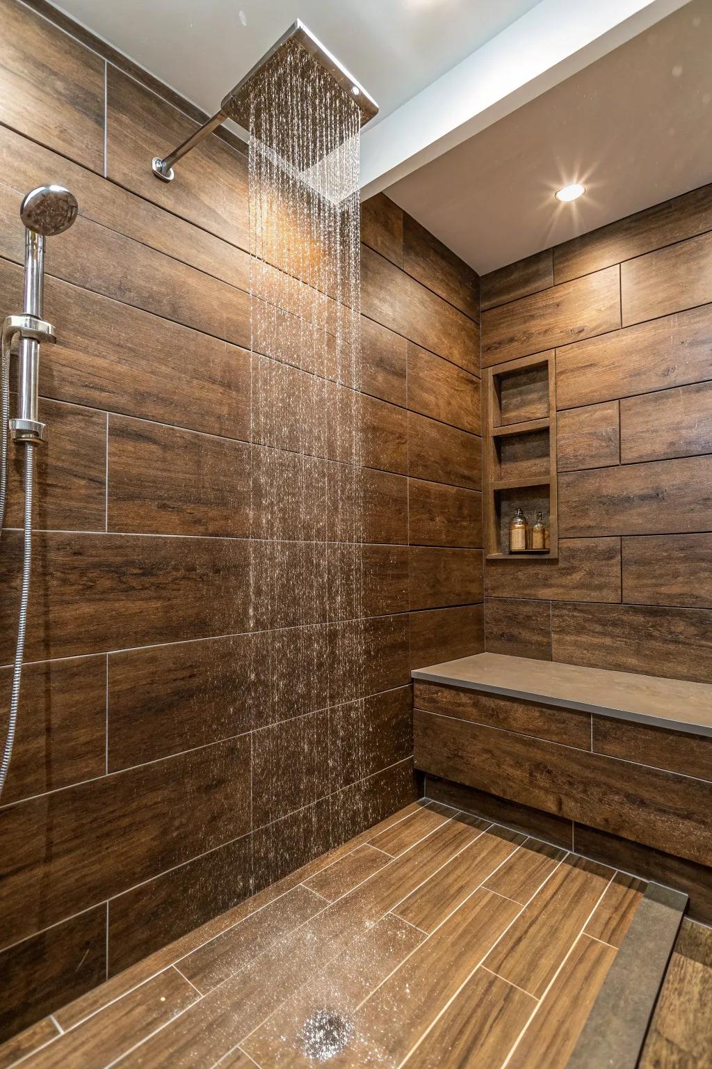 Luxury vinyl tiles offer durability and style in brown tile showers.