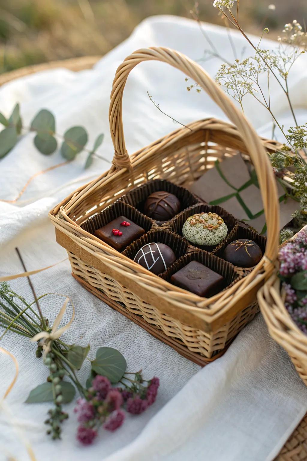 Indulge in the artistry of flavors with these exquisite artisan chocolates, the perfect addition to your Brr Basket.