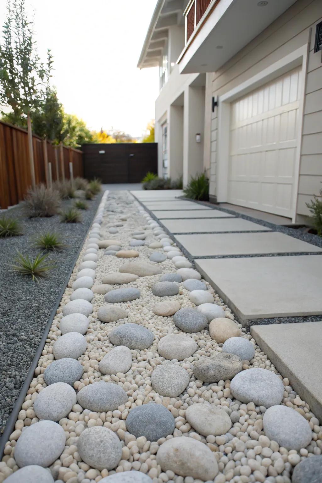 Transform your driveway into a tranquil retreat with a minimalist pebble design.