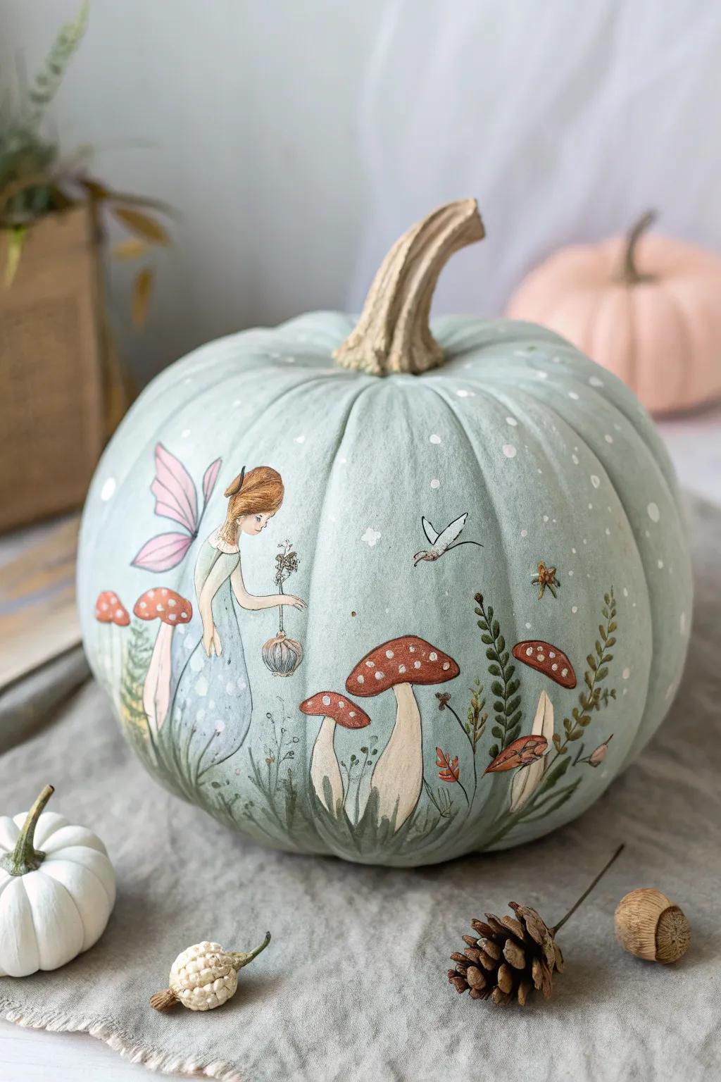 Transform your pumpkin into an enchanted forest masterpiece, where fairies and mushrooms dance among the bumps.