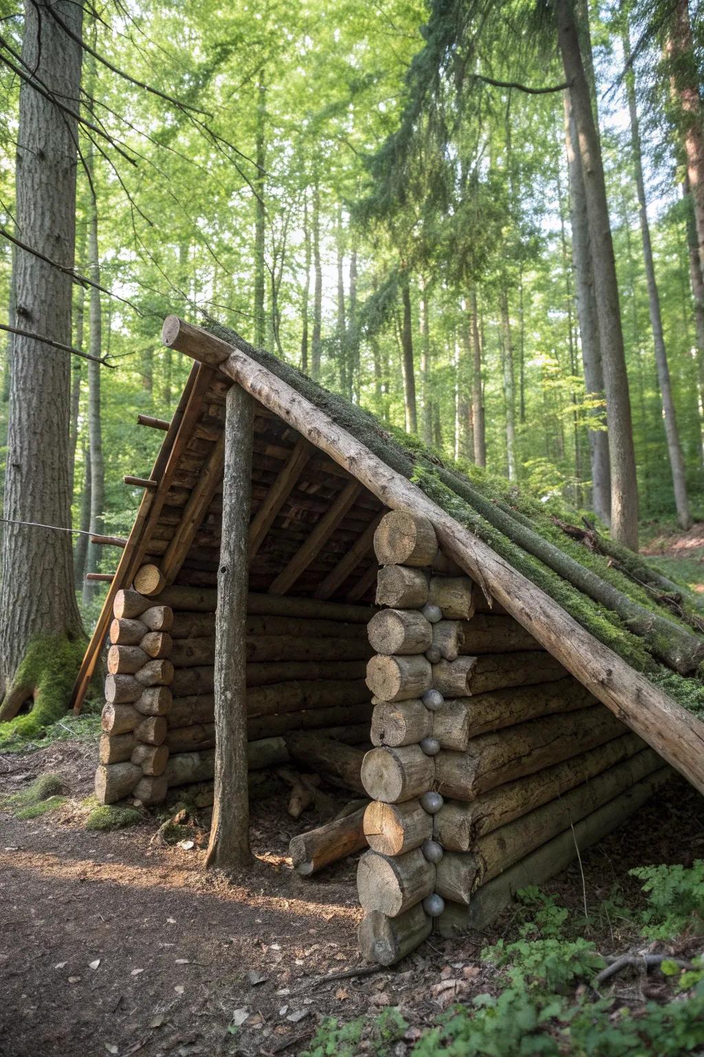Master the wild: Craft your own log lean-to for ultimate storm protection.