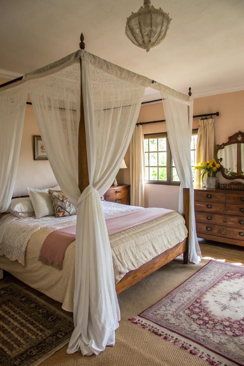 Canopy beds create a cozy, sanctuary-like feel.