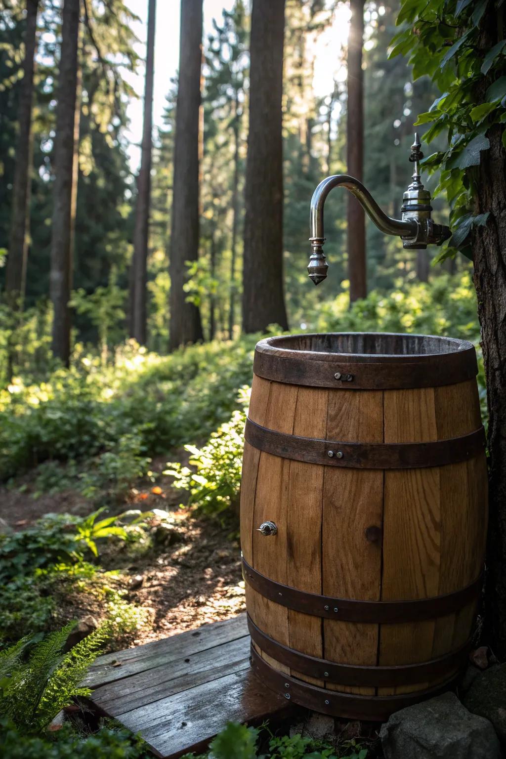 Experience the artistry of nature with this handcrafted rainwater shower setup.