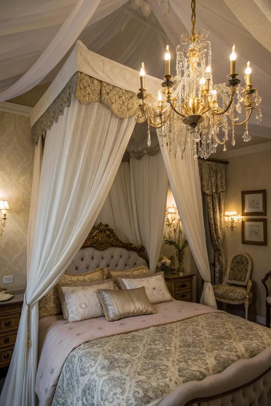 A chandelier within the canopy adds vintage glam and elegance to your bedroom.