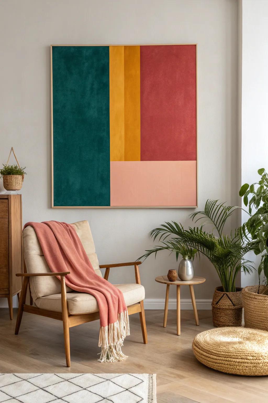 Transform your space with bold color blocking – where Scandinavian simplicity meets vibrant bohemian flair.