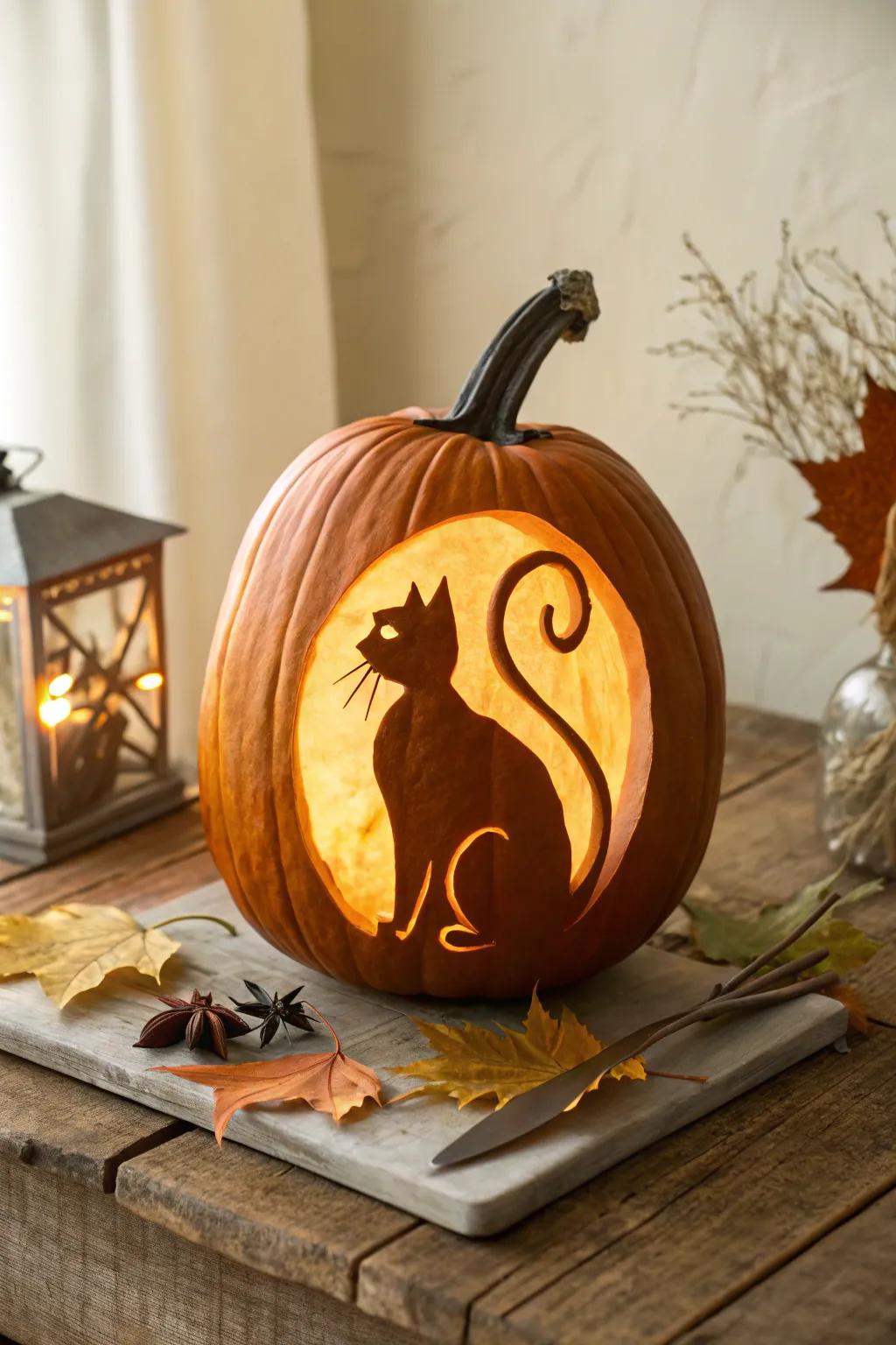 Embrace the Halloween spirit with this stunning arched back cat pumpkin carving – a perfect blend of drama and artistry.