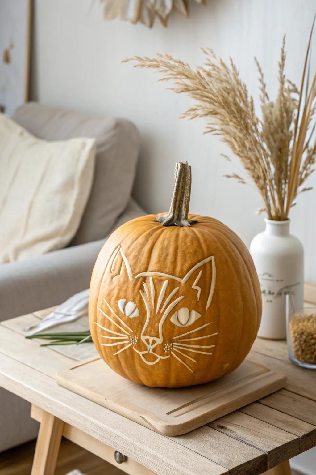 Transform your pumpkin into a feline masterpiece with a cat face stencil—simplicity meets elegance!