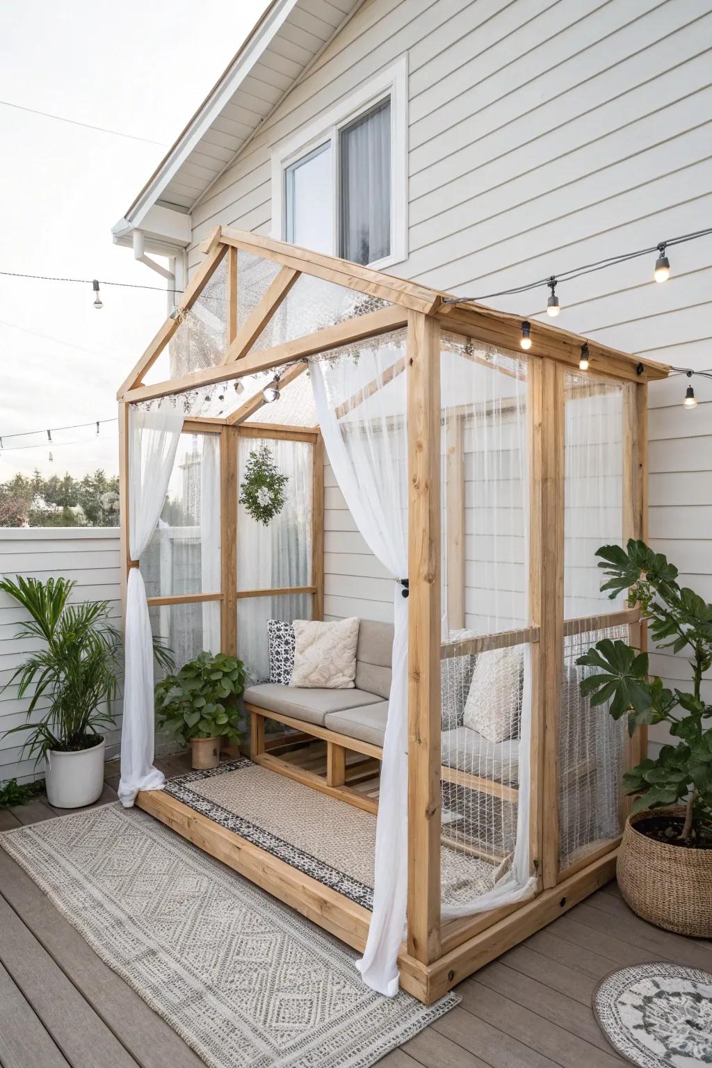 Create a serene and stylish haven for your feline friend with this minimalist enclosed porch catio—where simplicity meets natural elegance.