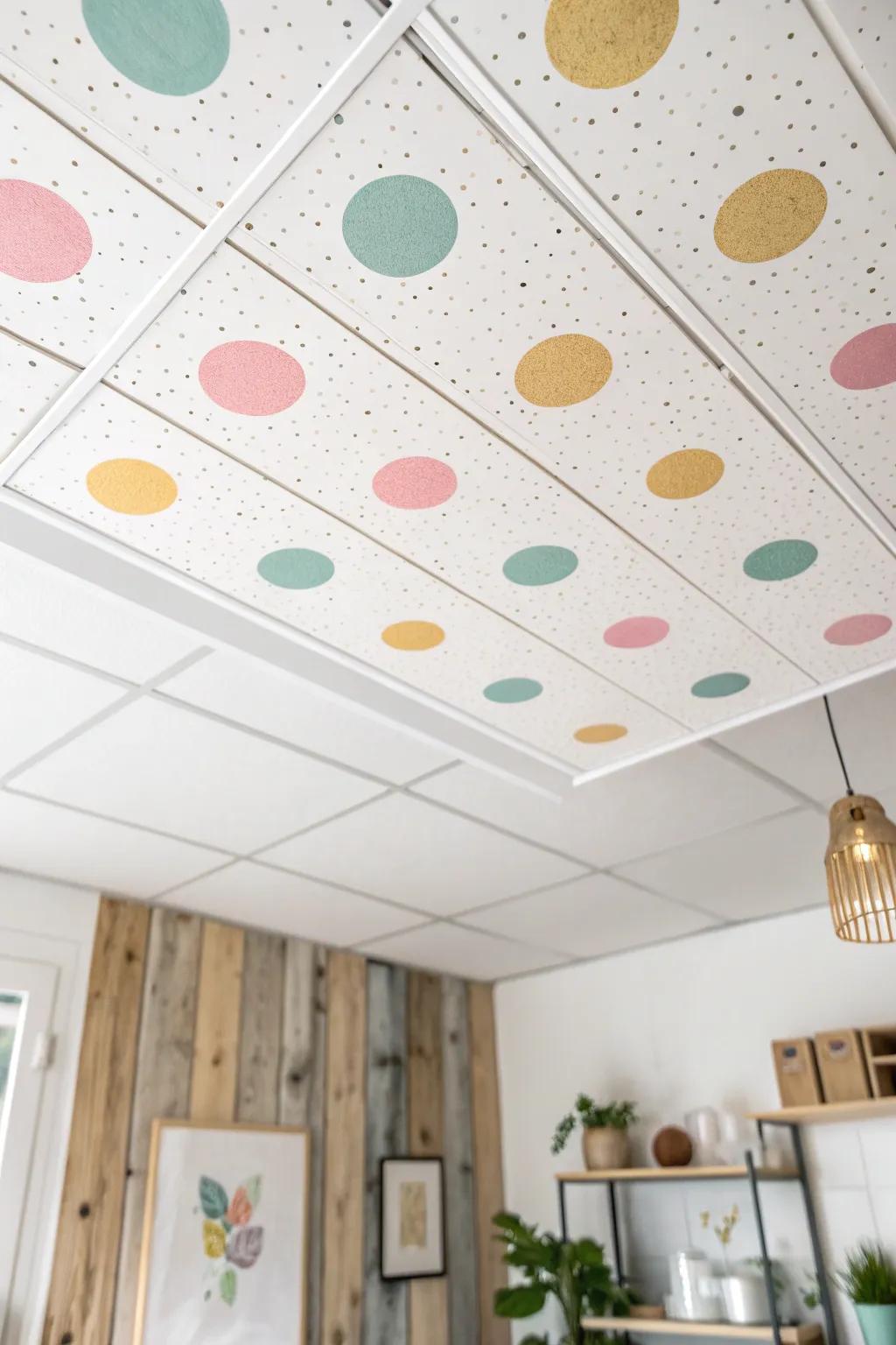 Elevate your space with playful polka dot ceiling tiles, where Scandinavian simplicity meets boho charm.