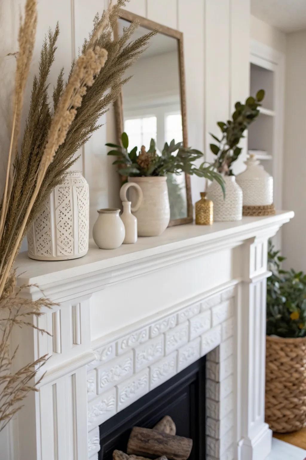 Transform your mantelpiece with classic white chalk paint for a touch of minimalist elegance.