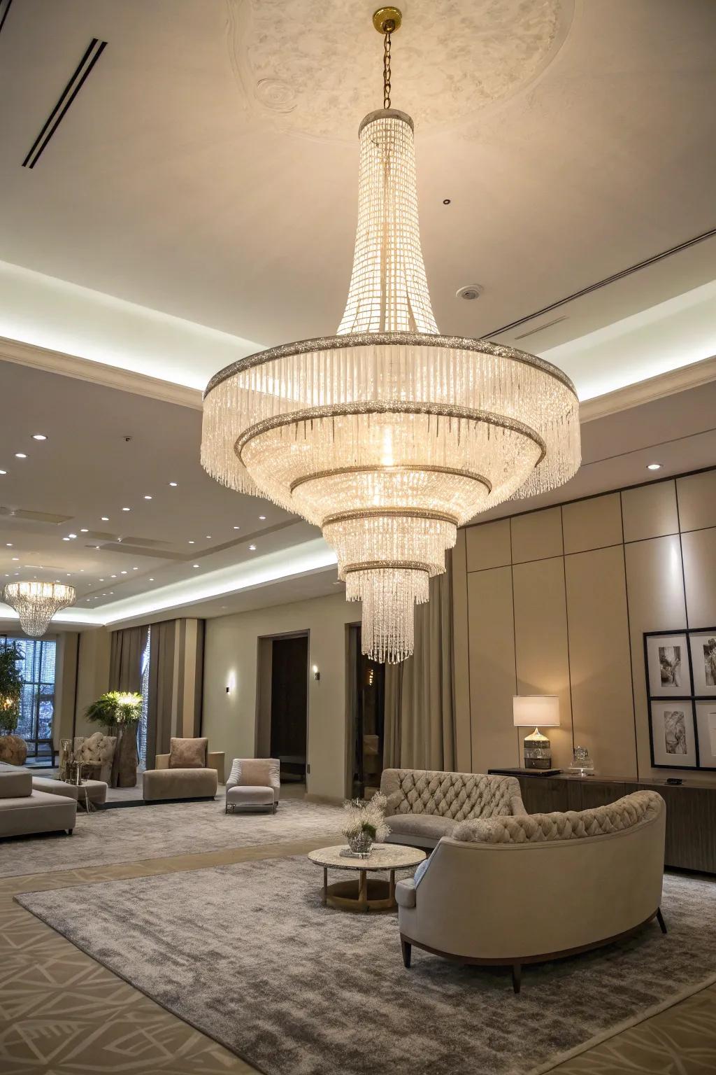 A room featuring a sculptural chandelier that serves as a centerpiece art piece.