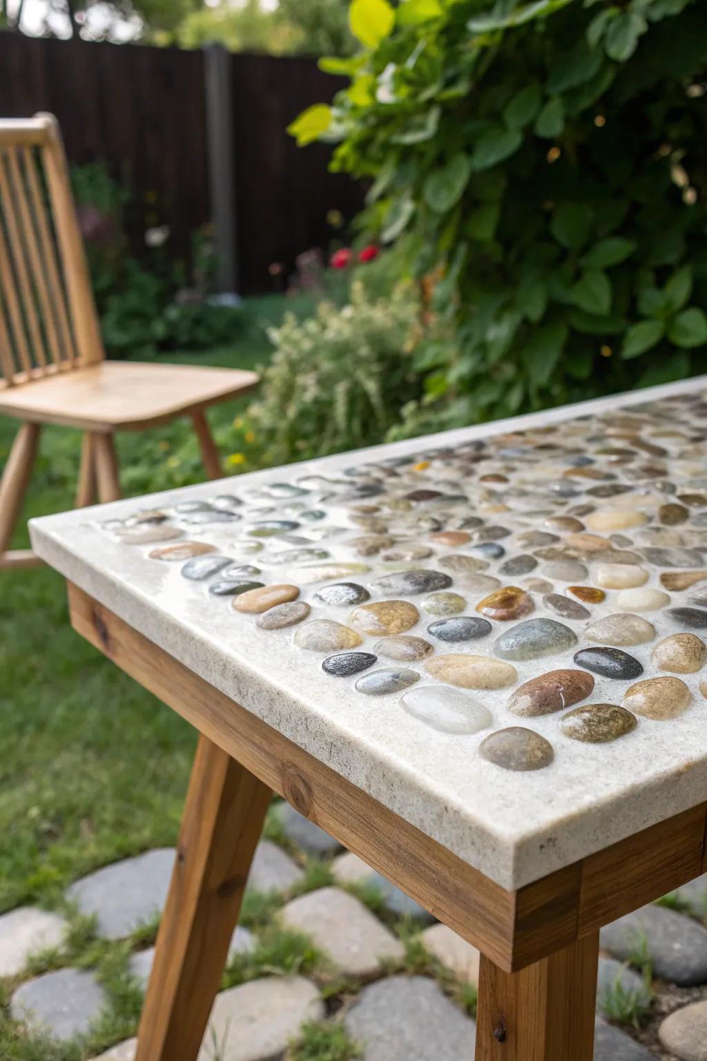 Transform your space with a stunning pebble and resin table top – where nature meets minimalist design.