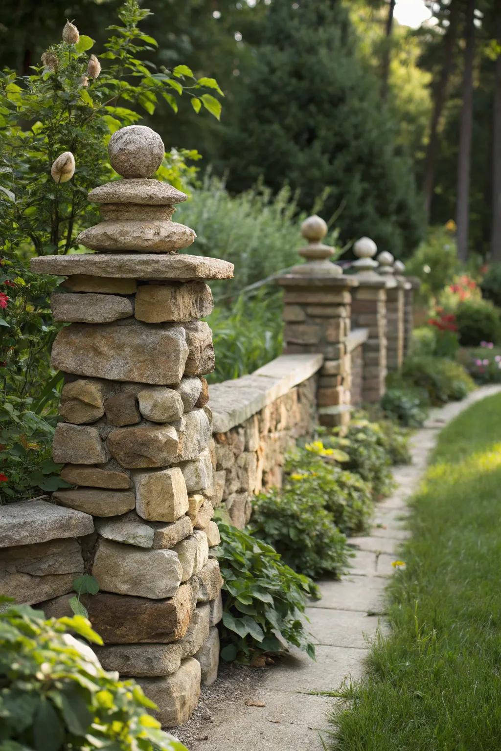 Embrace the art of nature with a rustic stone fence that harmonizes beauty and durability.