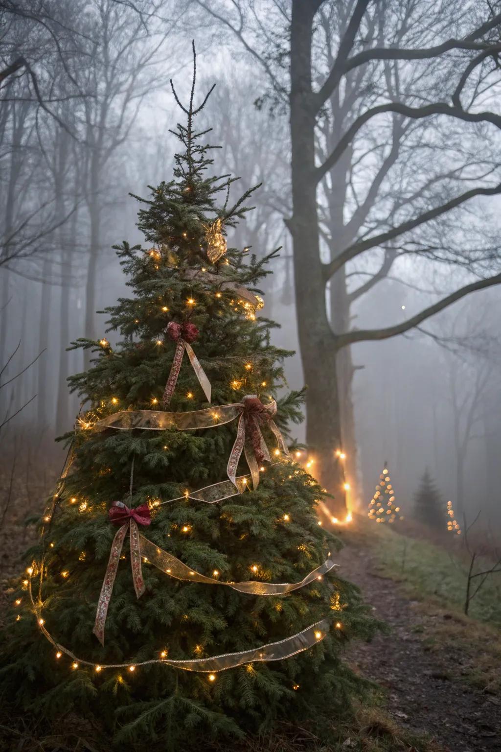 Fairy lights and ribbons combine to create an enchanting and magical forest ambiance.