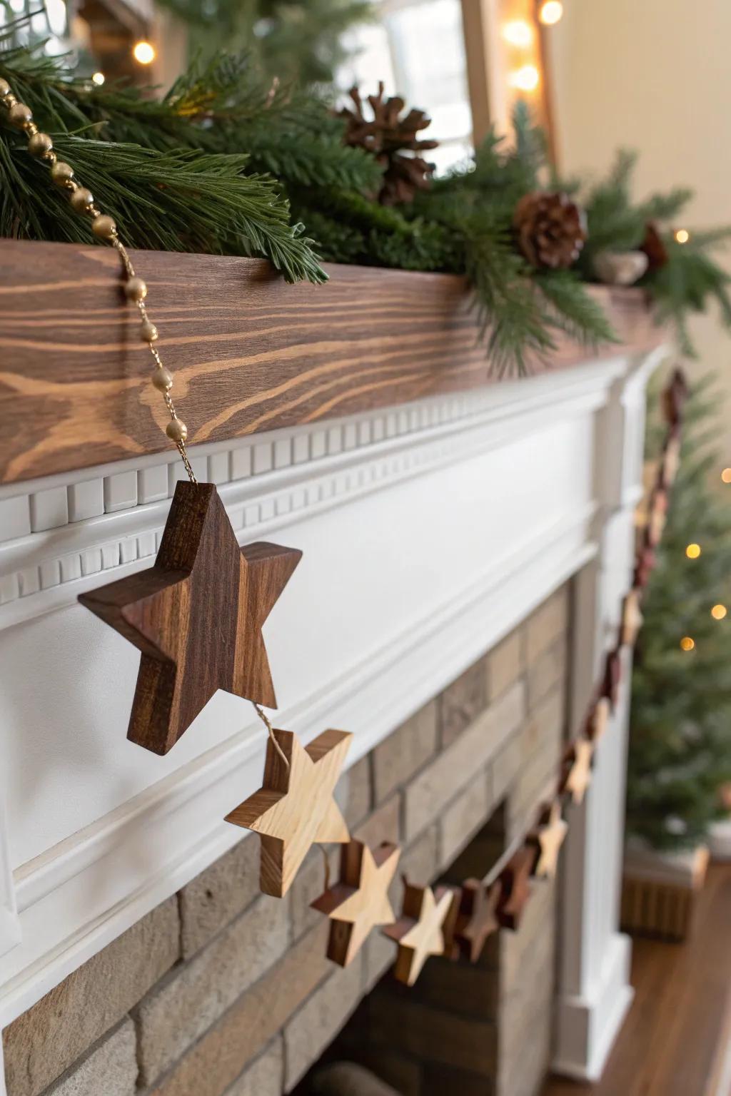 Elevate your holiday decor with a handcrafted wooden starry garland that exudes rustic elegance.