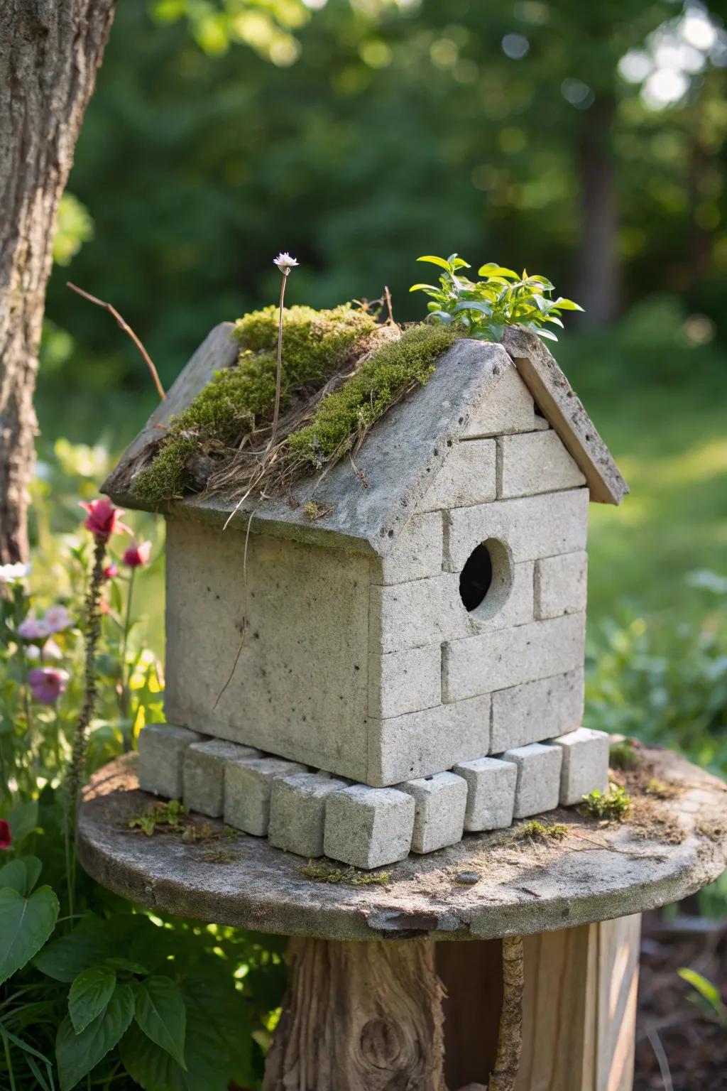 Transforming simple cinder blocks into a welcoming birdhouse – where creativity meets nature.