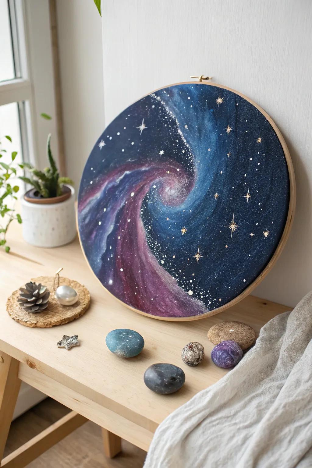 Embrace the cosmos with this stunning galaxy circle painting, a perfect blend of minimalist design and boho charm.
