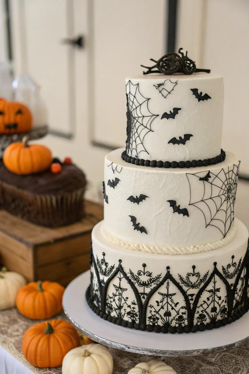 A black and white cake offers timeless sophistication with subtle Halloween hints.