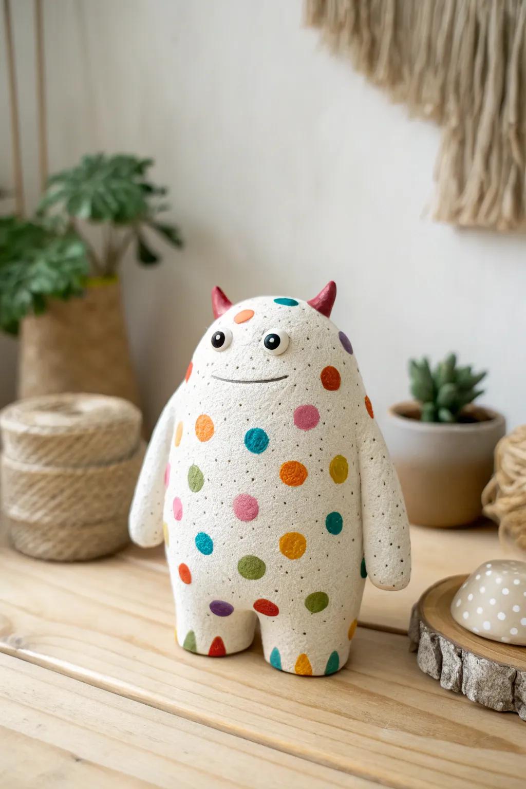 Embrace the charm of quirky clay creations with vibrant polka dot patterns.