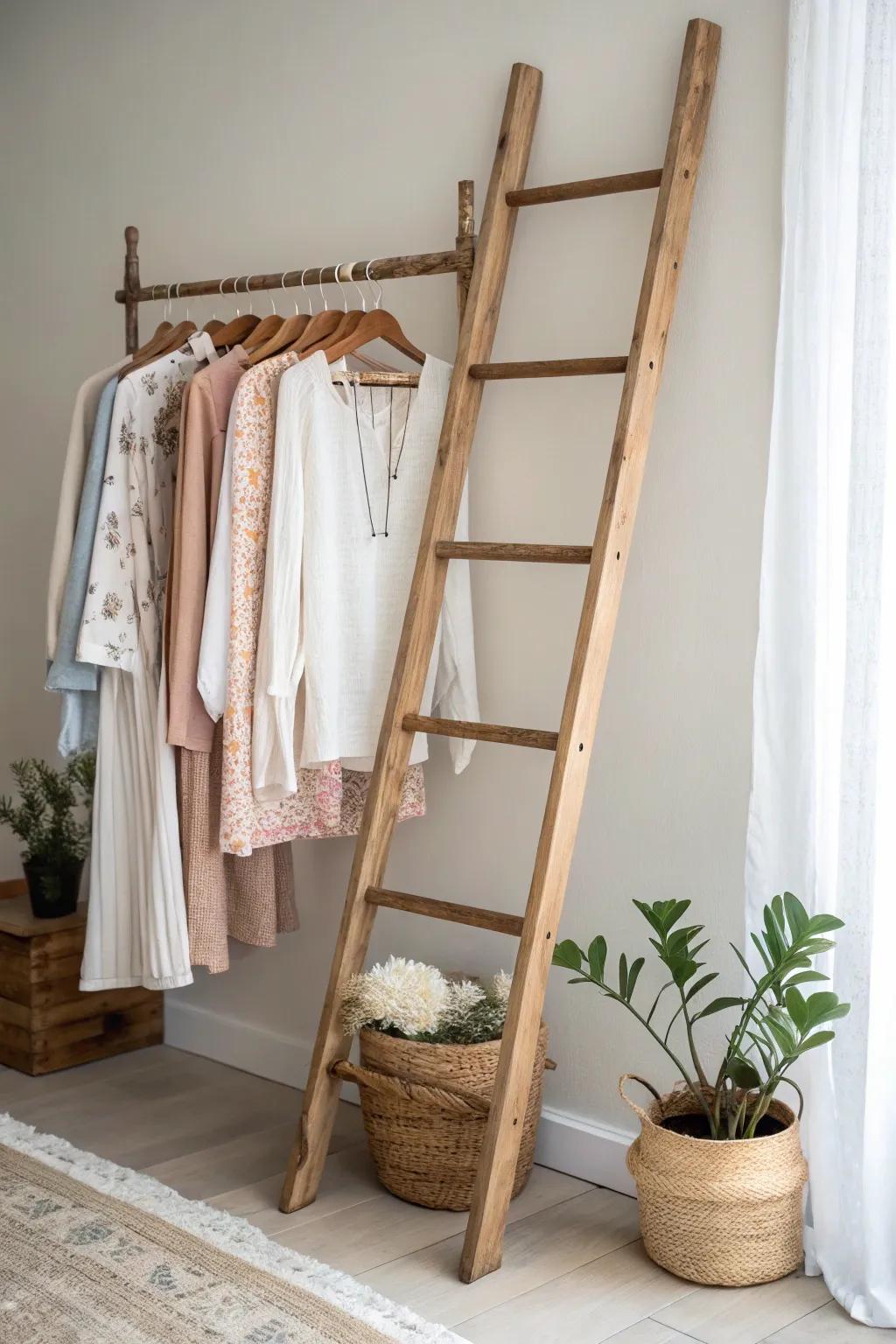 Elevate your wardrobe with rustic charm: a ladder turned into a chic clothing rack.