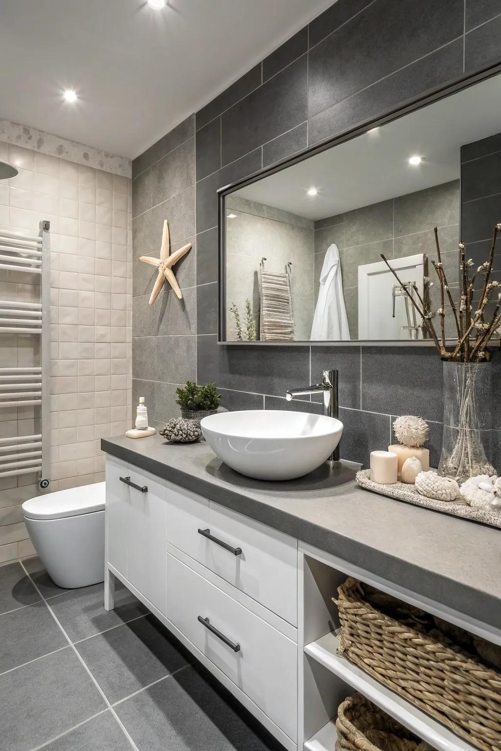 Monochrome tiles offer a sleek, modern look.