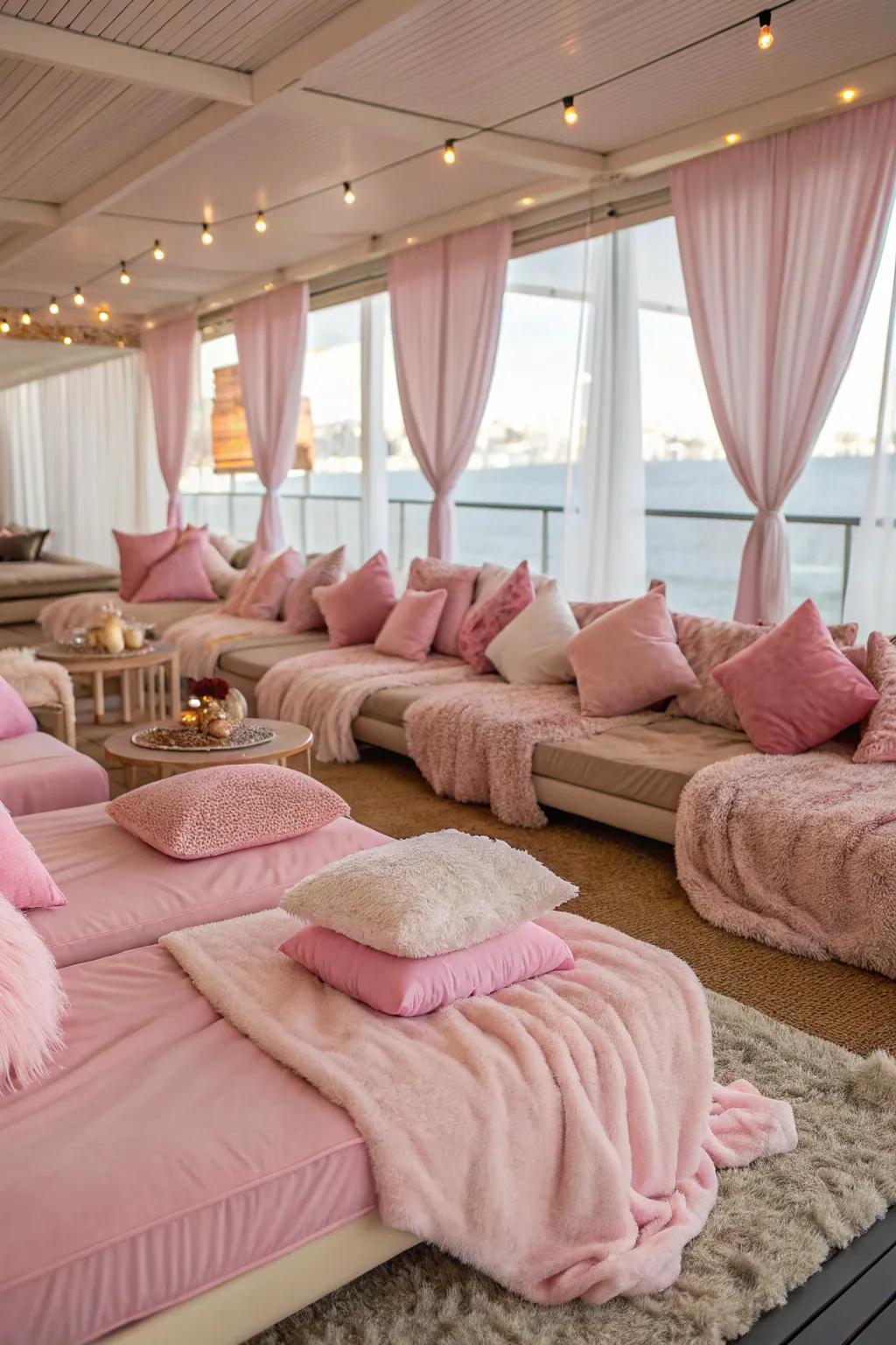 A cozy pink lounge area perfect for relaxation and conversation.