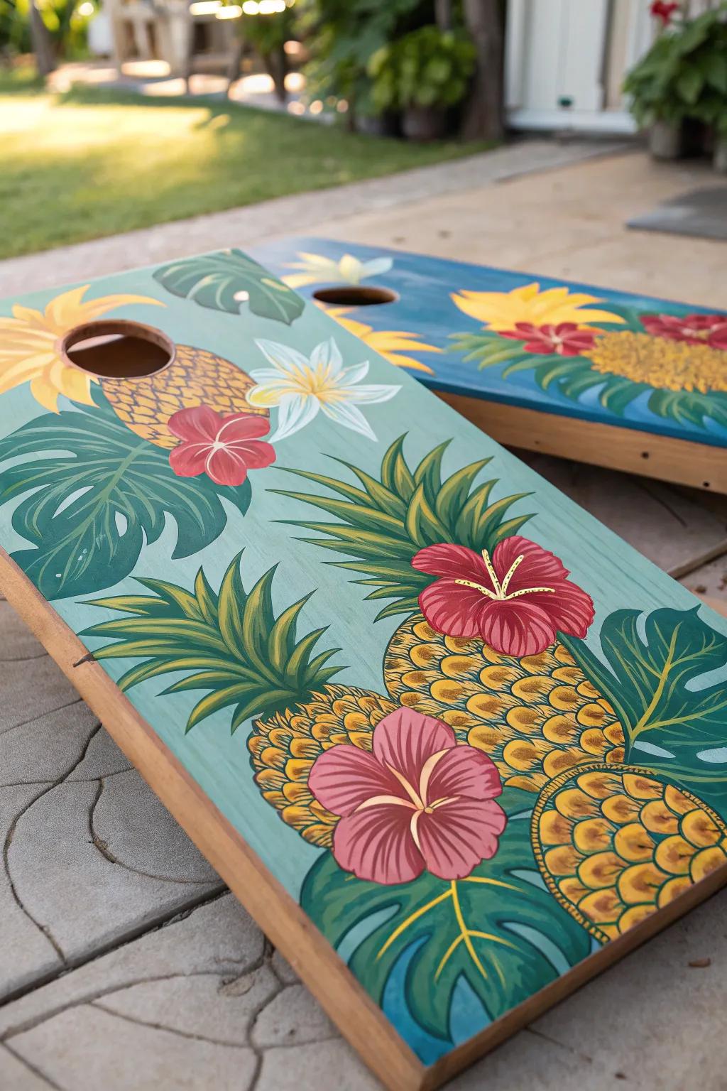 Escape to a tropical paradise with this expertly crafted cornhole board.