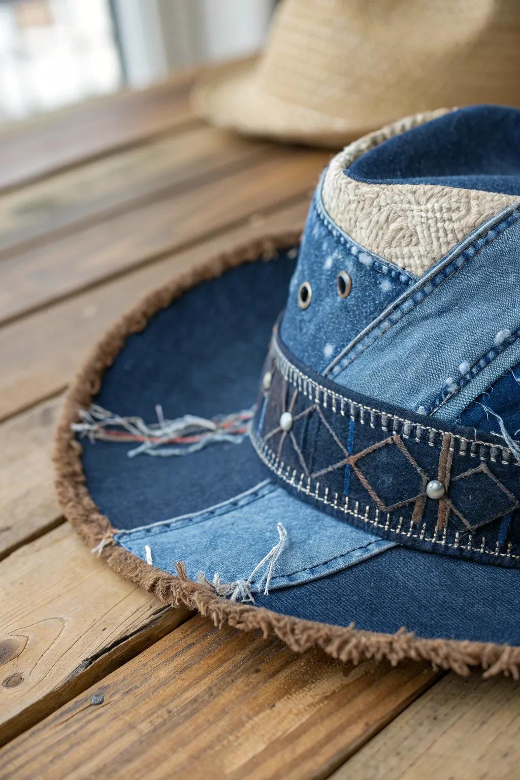 Transform your cowboy hat with an upcycled denim band for a touch of casual craftsmanship.