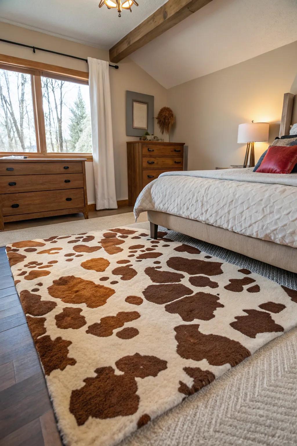 Bedroom featuring a cowhide rug with playful patterns.
