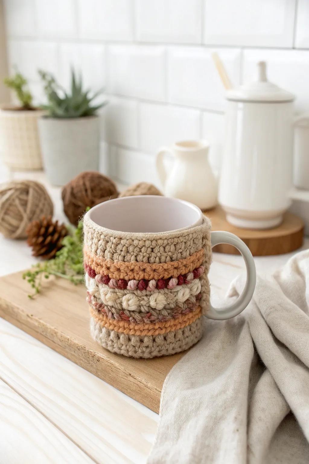 Add warmth and style to dad's morning coffee with a handcrafted crochet mug cozy, made with love.