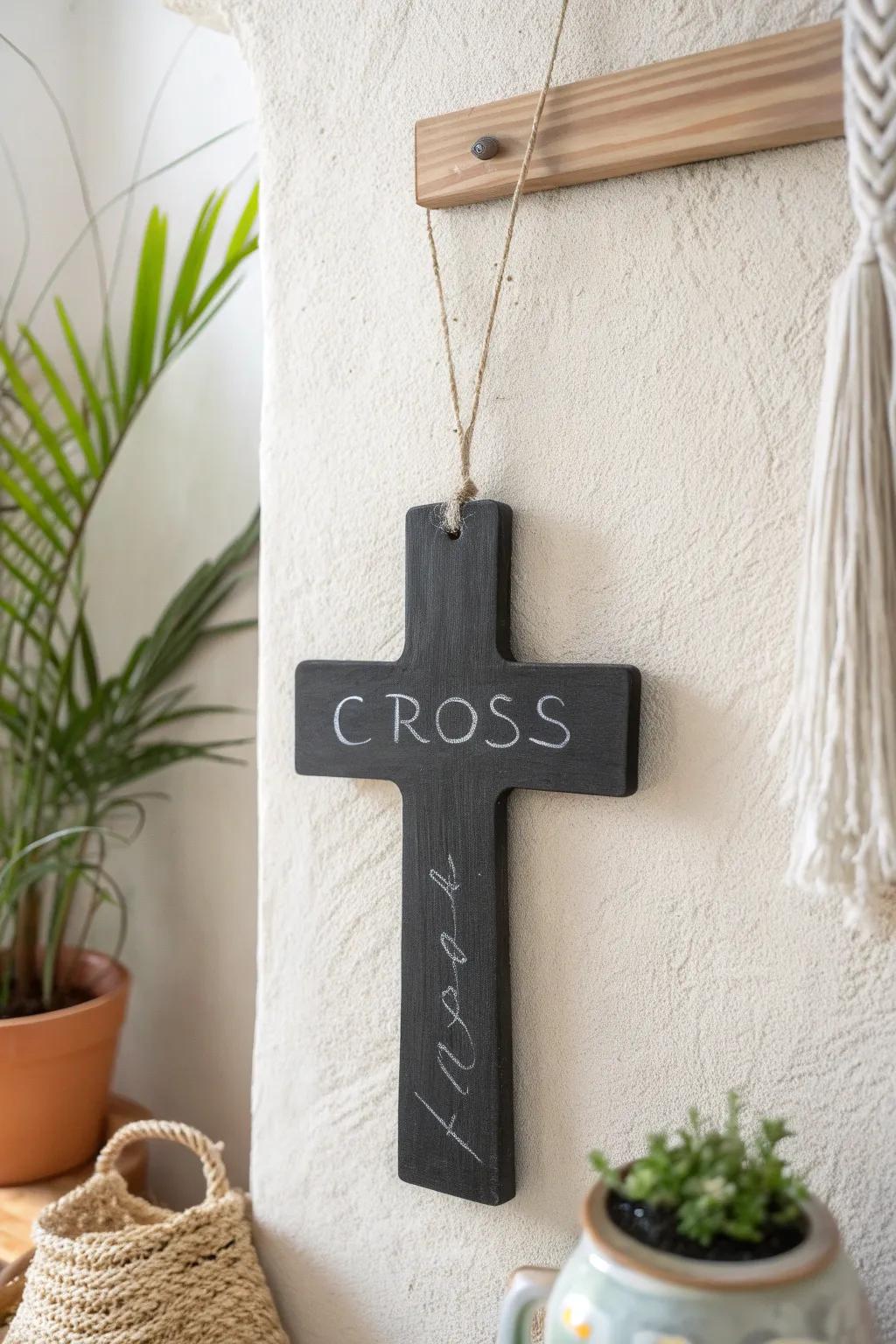 Keep your space fresh with a versatile chalkboard cross—where simplicity meets creativity.