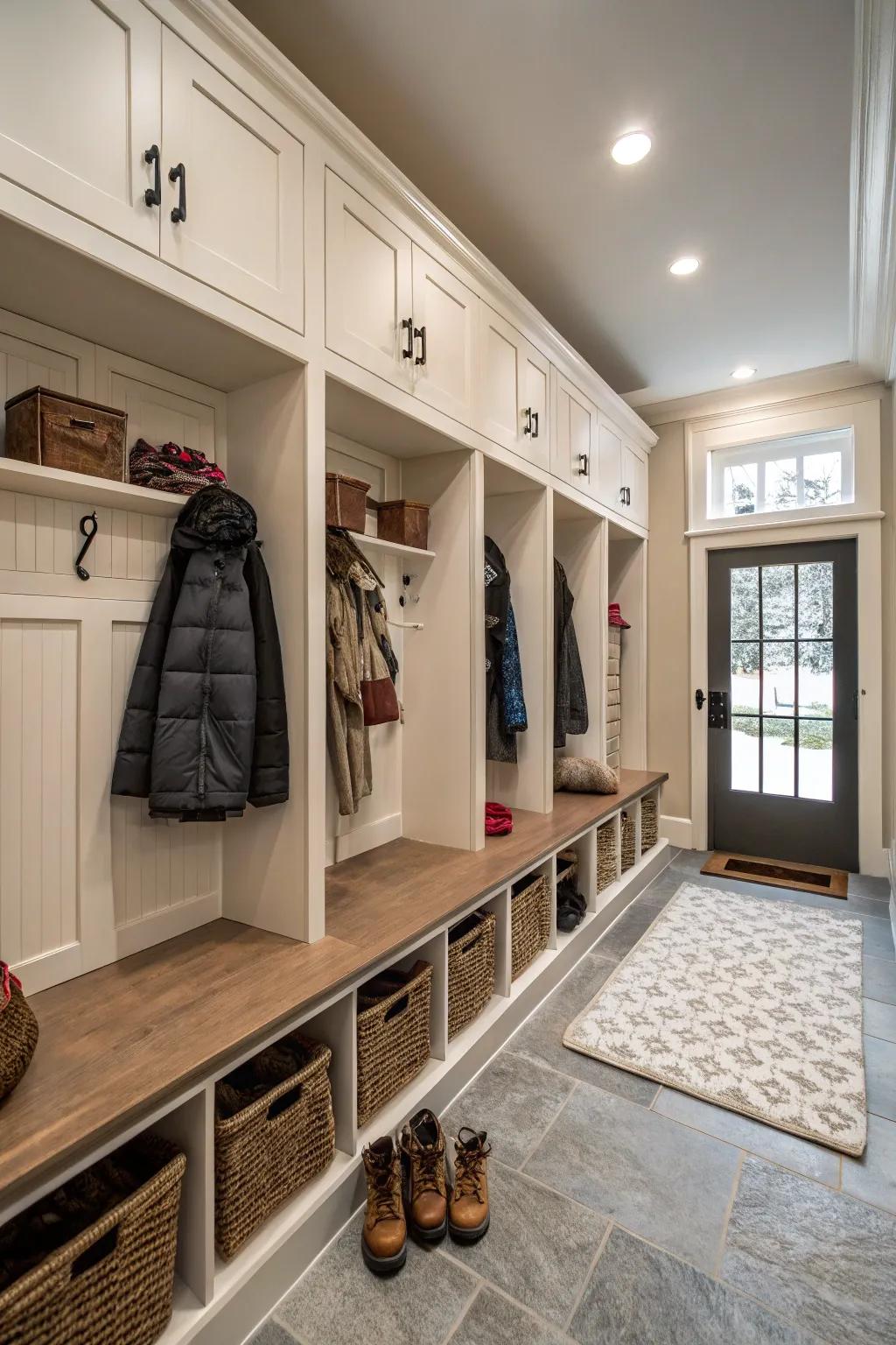 A well-organized mudroom with built-in functionality.