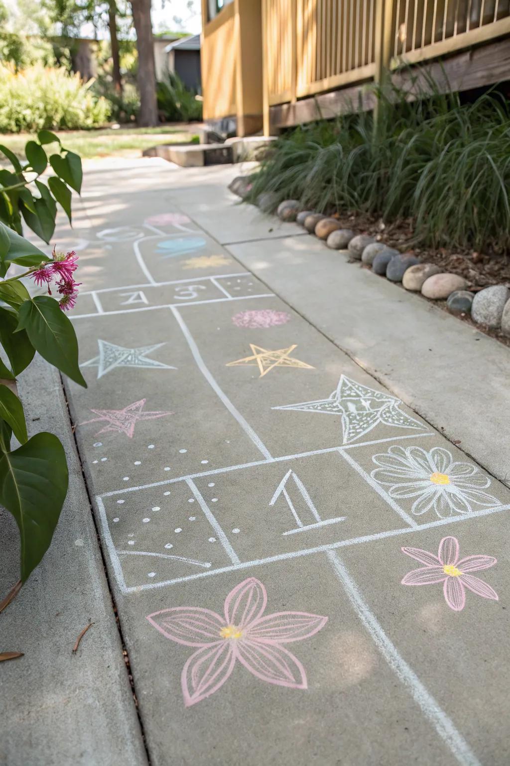 Step into creativity with this charming flower and star hopscotch, where play meets artistic expression.