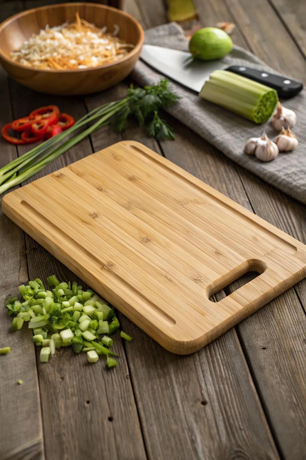 Elevate your kitchen style with this eco-friendly bamboo cutting board—where sustainability meets craftsmanship.