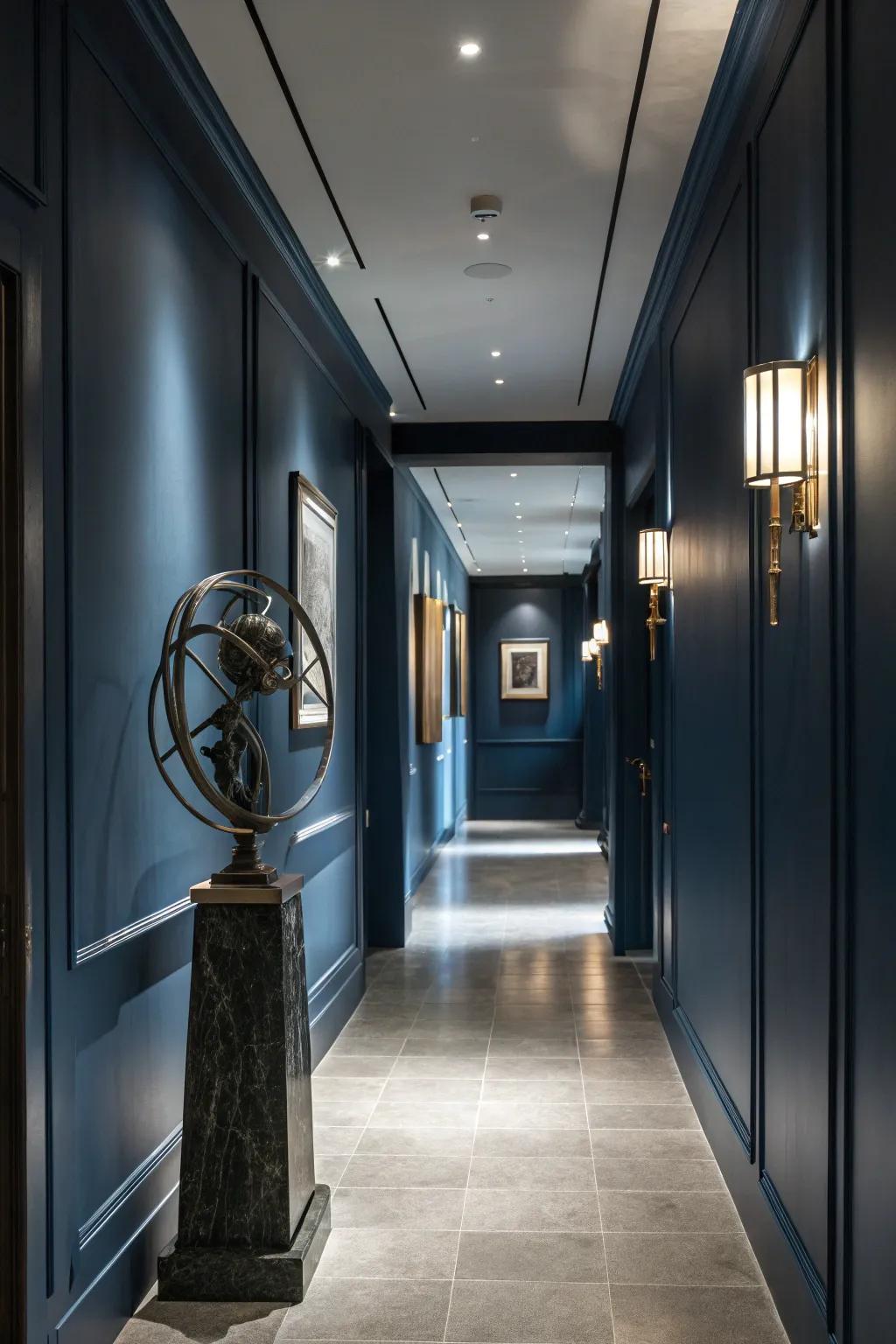 Sculptural elements add an artistic flair to a dark blue hallway.